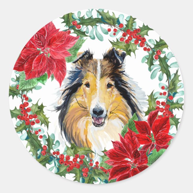 Adesivo Watercolor Collie Dog Poinsettia Holiday (Frente)
