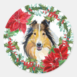 Adesivo Watercolor Collie Dog Poinsettia Holiday Wreath