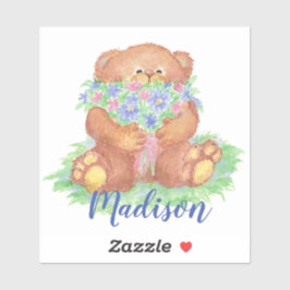 Adesivo Watercolor Cute Teddy Bear Flowers art Nome Person