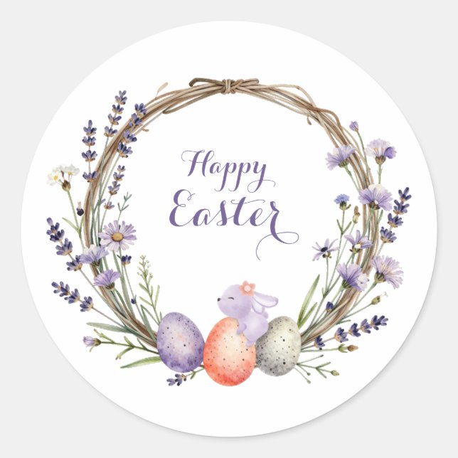 Adesivo Watercolor Easter Lavender Wreath Eggs Cute Bunny (Frente)
