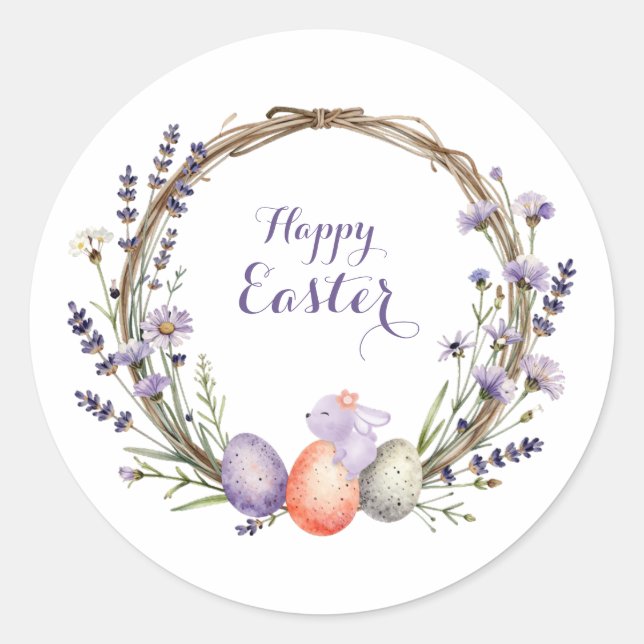 Adesivo Watercolor Easter Lavender Wreath Eggs Cute Bunny (Frente)