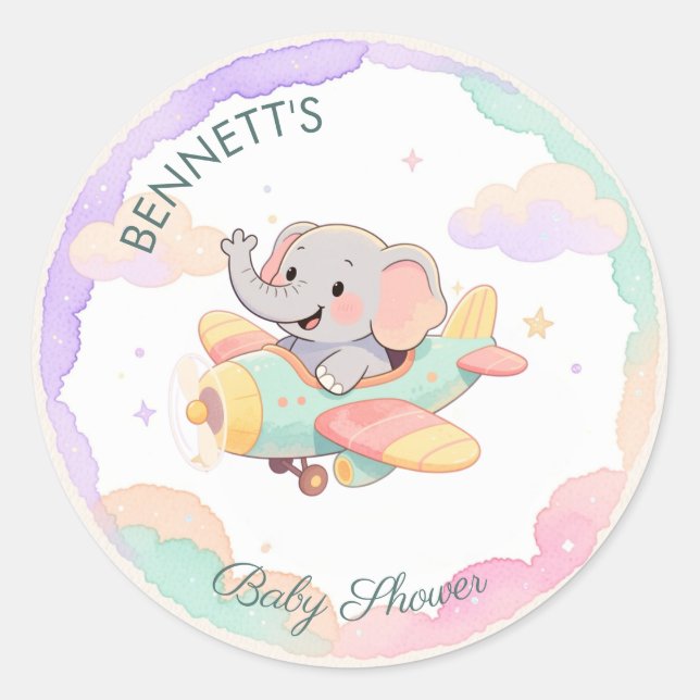 Adesivo Watercolor Elephant Airplane Baby Shower  (Frente)