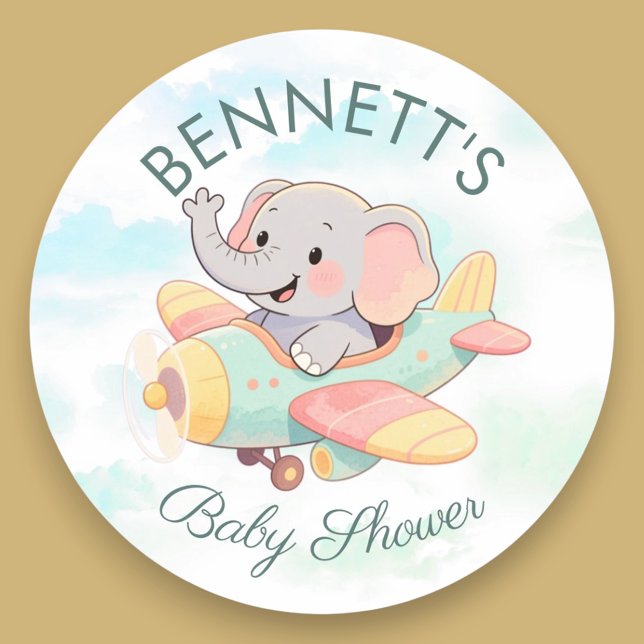 Adesivo Watercolor Elephant Airplane Baby Shower Sticker (Criador carregado)