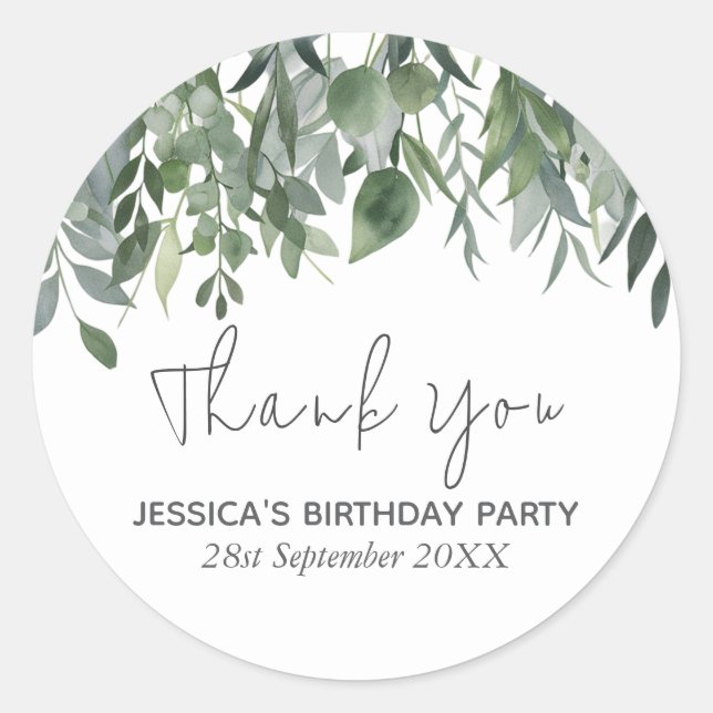 Adesivo Watercolor Eucalyptus Greenery Birthday Thank You  (Frente)