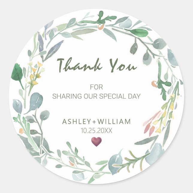 Adesivo Watercolor Eucalyptus Wreath Casamento Obrigado (Frente)