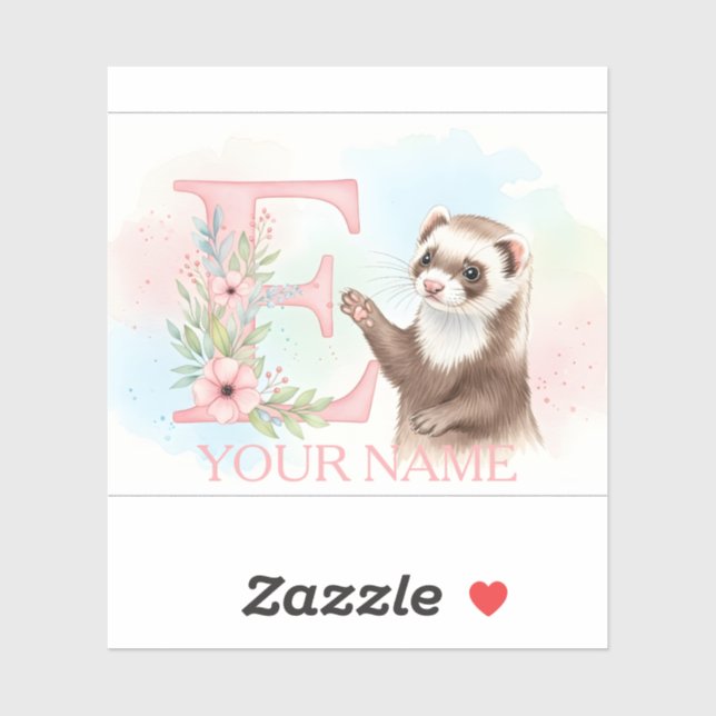 Adesivo Watercolor Ferret with Floral Letter E Monogram (Folha)