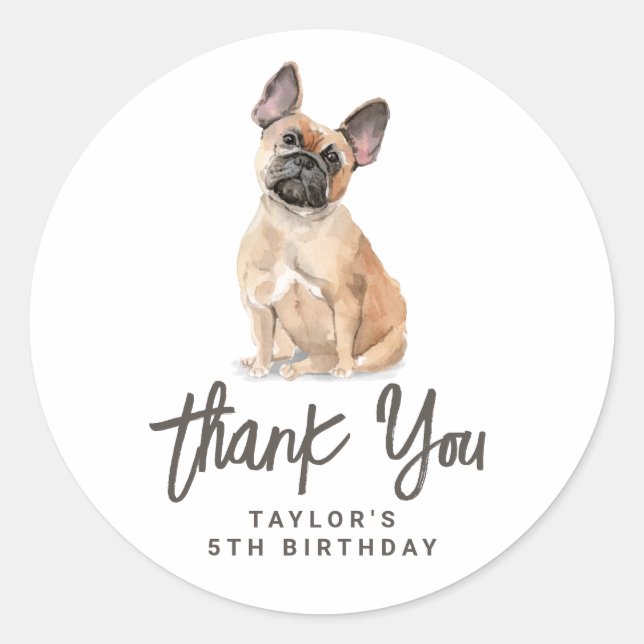 Adesivo Watercolor French Buldog Dog Birthday Obrigado (Frente)