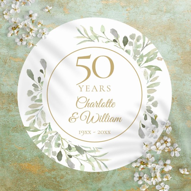 Adesivo Watercolor Greenery 50º Aniversário de Casamento (Watercolor Greenery 50th Wedding Anniversary Classic Round Sticker)
