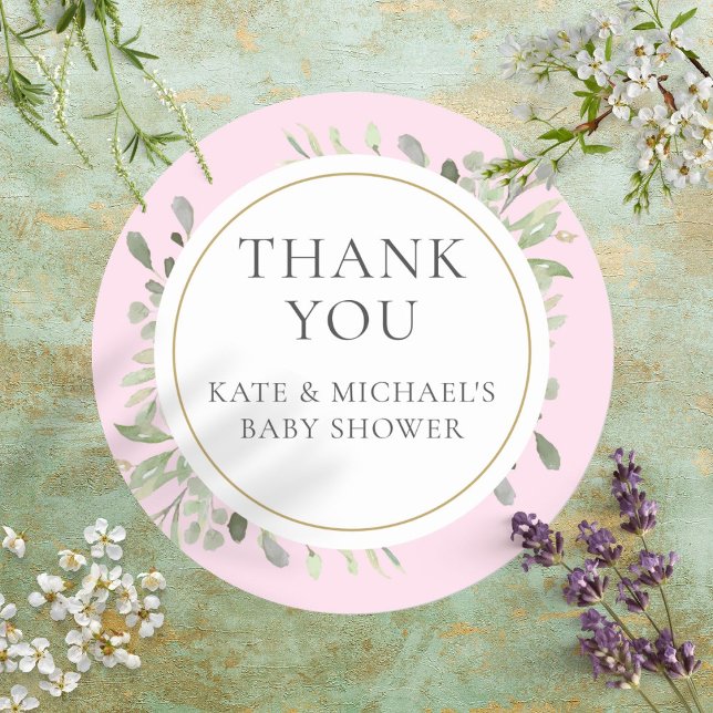 Adesivo Watercolor Greenery Baby Pink Chá Obrigado (Watercolour Greenery Baby Pink Shower Thank You Classic Round Sticker)