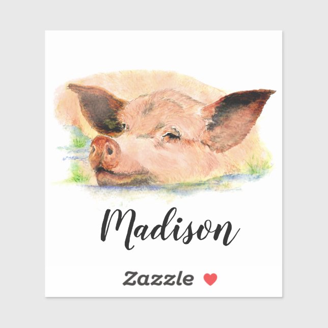 Adesivo Watercolor Happy Pig Swine Nome Personalizado (Folha)