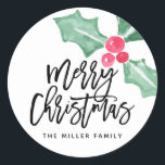Adesivo Watercolor Holly Merry Christmas Name Sticker<br><div class="desc">Espalhe alegria nesta temporada de festas com este adesivo de festas contemporâneo de na moda que diz "Feliz Natal" em um roteiro de pincel de na moda acentuado pela nossa mão pintada de cor d'água Holly.</div>