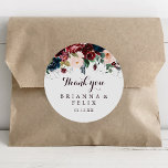 Adesivo Watercolor Ilustrado Obrigado Favor De Casamento<br><div class="desc">Essa obrigado ilustrada pela aquarela, o favor ao casamento, é perfeito para um casamento simples. A design apresenta marinho de aquarela pintada à mão artística azul, burgundy, vermelha, rosas de pincel e peônias com folhas verdes elegantes, inspirando a colorida beleza do outono idílico. Faça com que a etiqueta do adesivo...</div>
