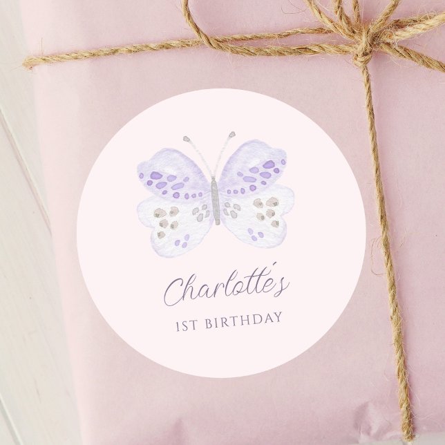 Adesivo Watercolor Lavender Butterfly 1st Birthday Party (Criador carregado)