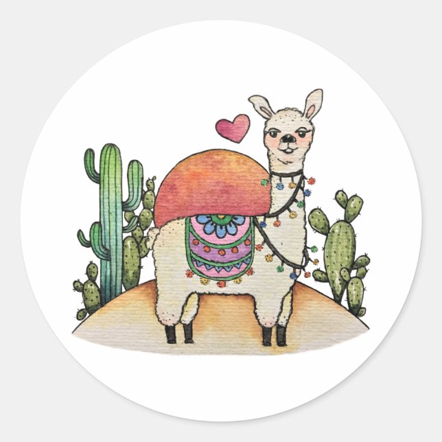 Adesivo Watercolor Llama Com Cactus (Frente)