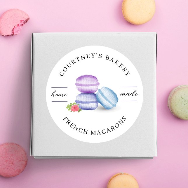 Adesivo Watercolor Macarons Dessert Bakery Homemade (Elegant watercolor made with love stickers for your macaron or dessert boxes)