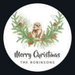 Adesivo Watercolor Owl Christmas<br><div class="desc">Vinhetas de Natal com uma coruja fofa,  água verde,  briar,  cones e pínus personalizáveis para o seu evento específico.</div>