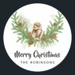 Adesivo Watercolor Owl Christmas<br><div class="desc">Vinhetas de Natal com uma coruja fofa,  água verde,  briar,  cones e pínus personalizáveis para o seu evento específico.</div>