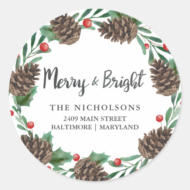 Adesivo Watercolor Pinecone Wreath Holiday Endereço de Dev (Frente)