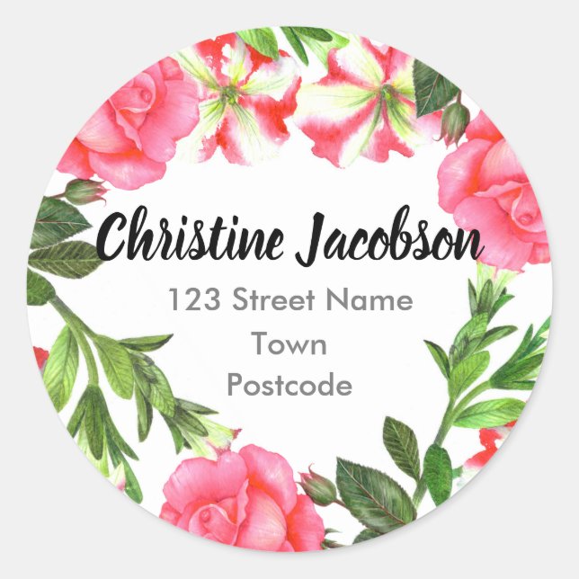 Adesivo Watercolor Pink Flowers Circle Wreath Address (Frente)