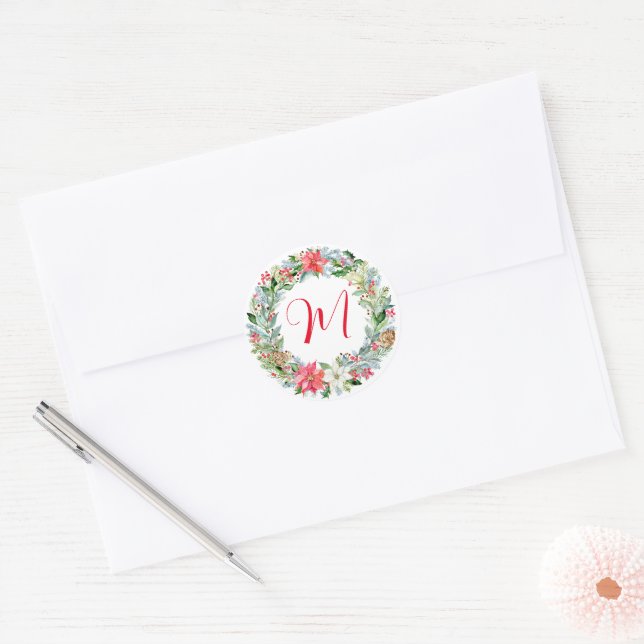 Adesivo Watercolor Poinsettia Wreath Monograma (Envelope)