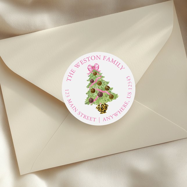 Adesivo Watercolor Preppy Leopard Christmas Tree Address (Criador carregado)