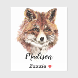 Adesivo Watercolor Red Fox Animal Nature Nome Personalizad