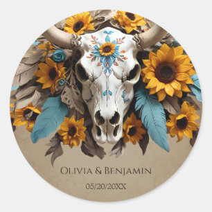 Adesivo Watercolor Sunflower Feather Cow Skull Casamento