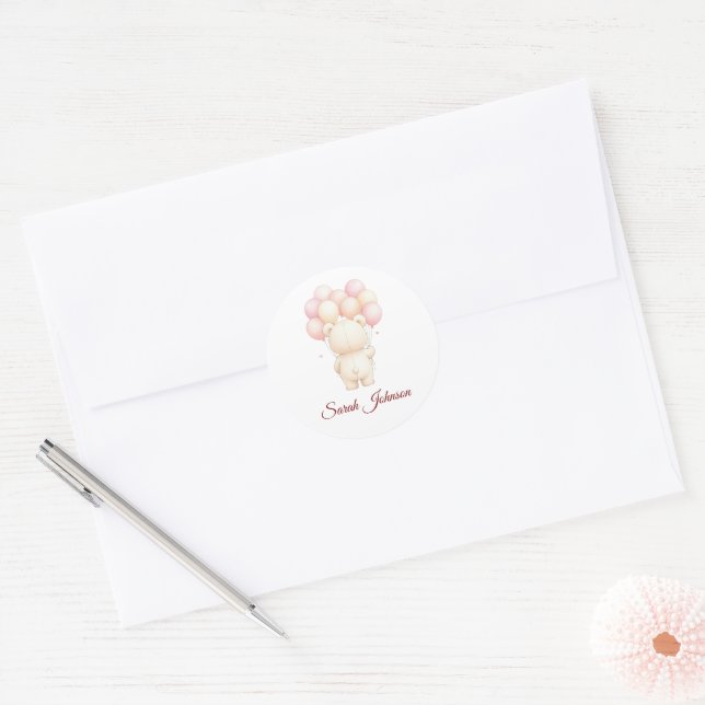 Adesivo Watercolor Teddy Bear Pink Balloons Baby Shower (Envelope)