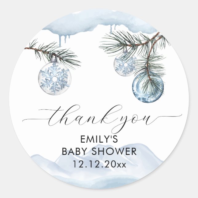 Adesivo Watercolor Winter Mountain Snowflake Baby Shower  (Frente)