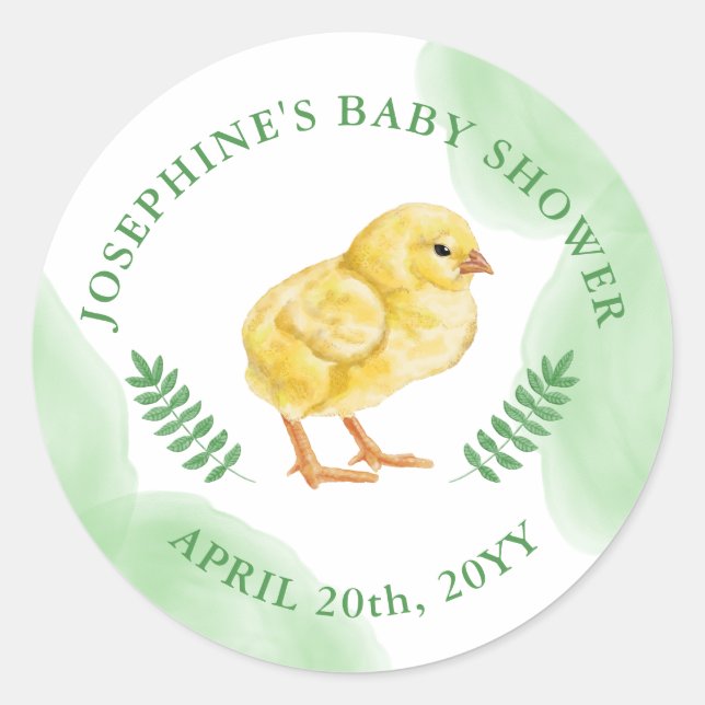 Adesivo Watercolor Yellow Chick With Green Baby Shower (Frente)