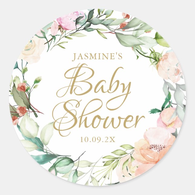 Adesivo Watercolour Floral Rose Gold Script Baby Shower (Frente)