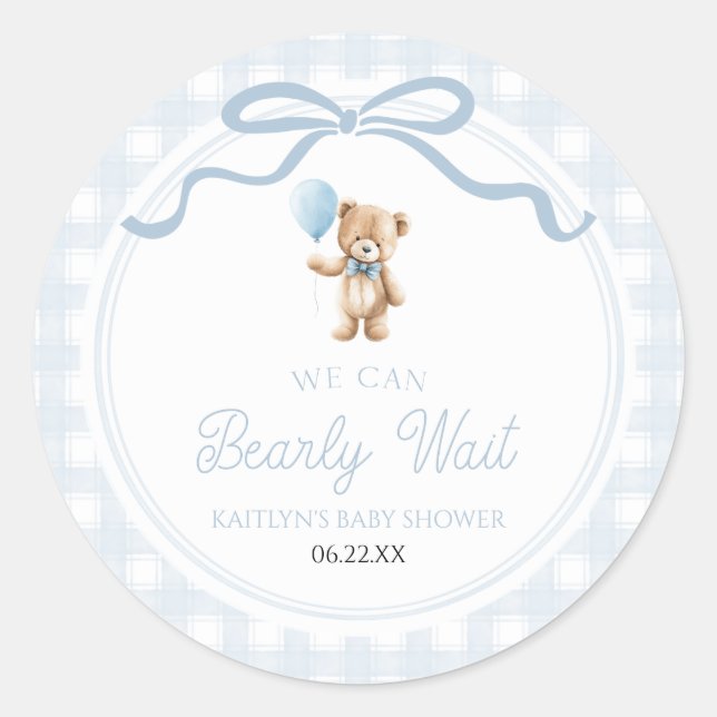 Adesivo We Can Bearly Wait Blue Teddy Bear Baby Shower (Frente)