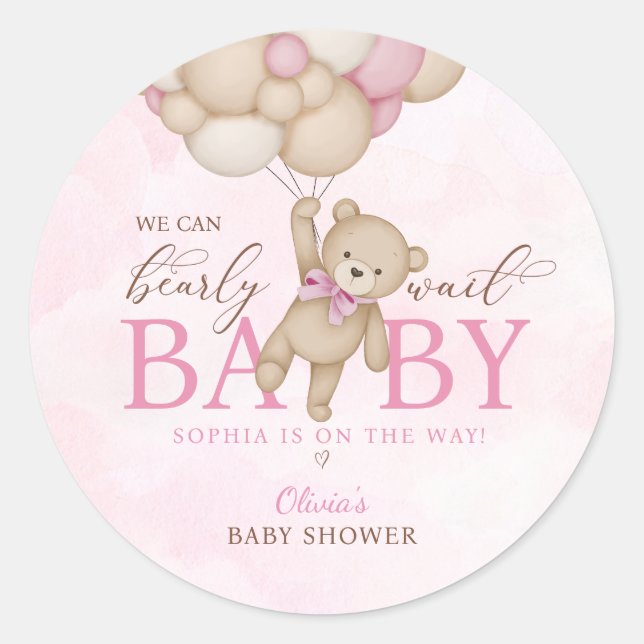 Adesivo We Can Bearly Wait Pink Baby Shower (Frente)