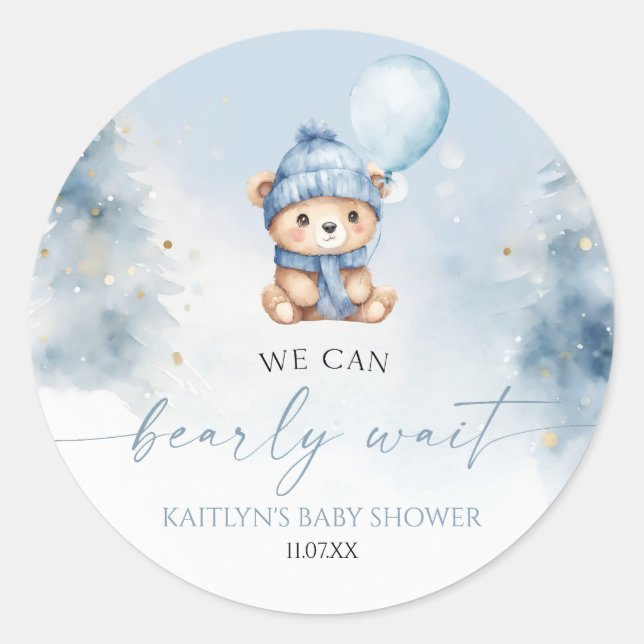 Adesivo We Can Bearly Wait Winter Teddy Bear Baby Shower (Frente)