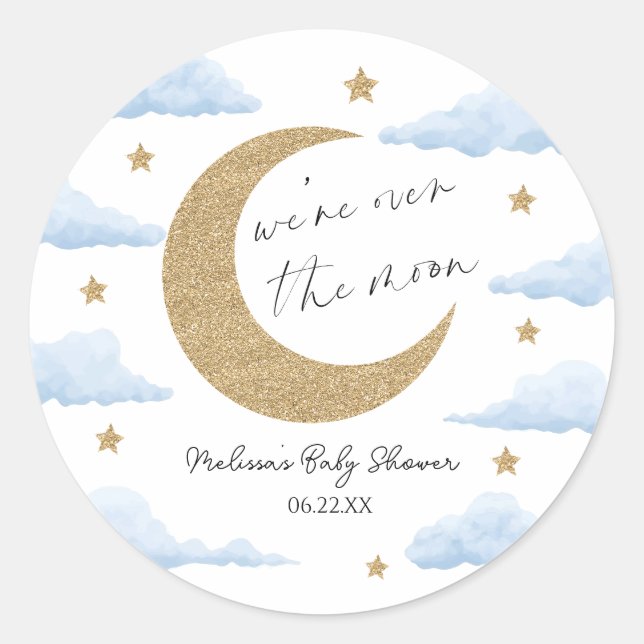 Adesivo We're Over The Moon Blue Celestial Baby Shower (Frente)