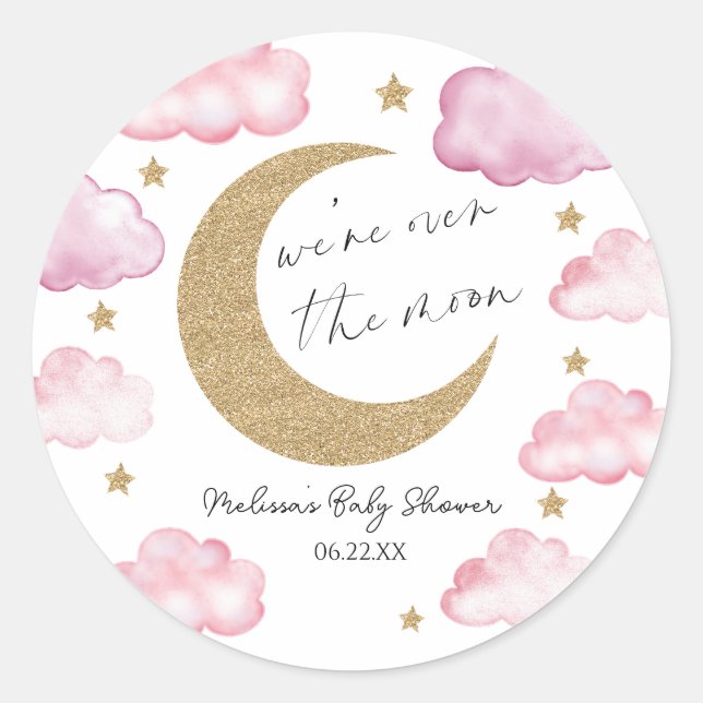 Adesivo We're Over The Moon Pink Celestial Baby Shower (Frente)