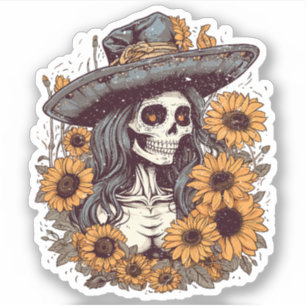 Adesivo Western Cowgirl Skeleton Sunflower Tattoo Art
