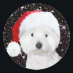 Adesivo Westie Christmas<br><div class="desc">West Highland Terrier dog,  ou Westie,  veste um chapéu de Papai Noel sobre um fundo de estrelas de Natal que ama o adesivo de Natal</div>