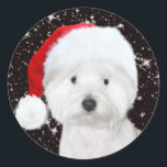 Adesivo Westie Christmas<br><div class="desc">West Highland Terrier dog,  ou Westie,  veste um chapéu de Papai Noel sobre um fundo de estrelas de Natal que ama o adesivo de Natal</div>