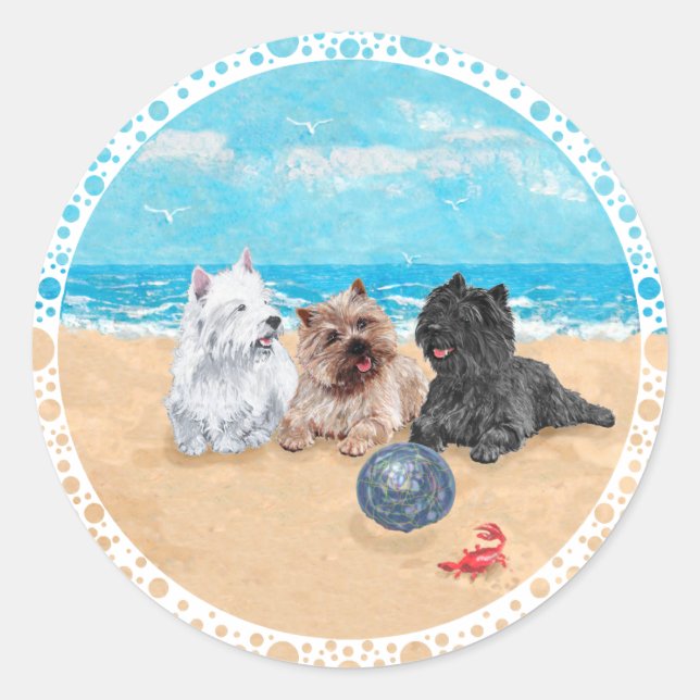 Adesivo Westie com Cairn Terriers na Praia (Frente)