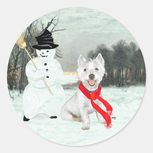 Adesivo Westie de inverno com um boneco de neve (Frente)