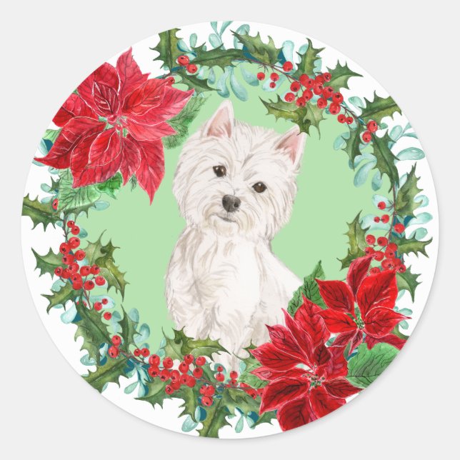 Adesivo Westie Poinsettia Holly Holiday Wreath (Frente)