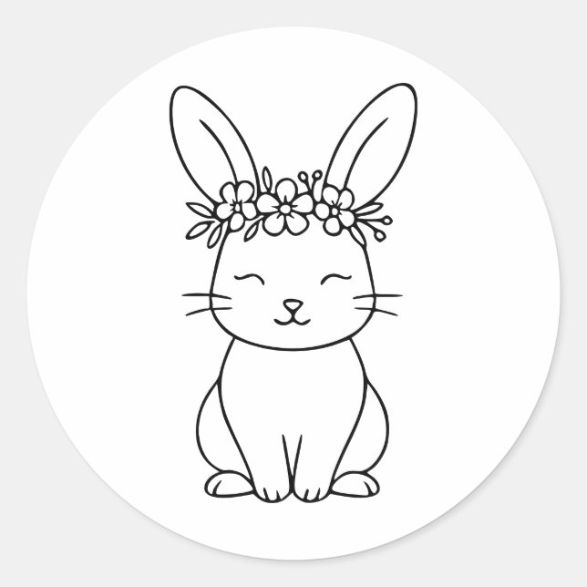 Adesivo Whimsical Bunny with Floral Crown Line Art  (Frente)