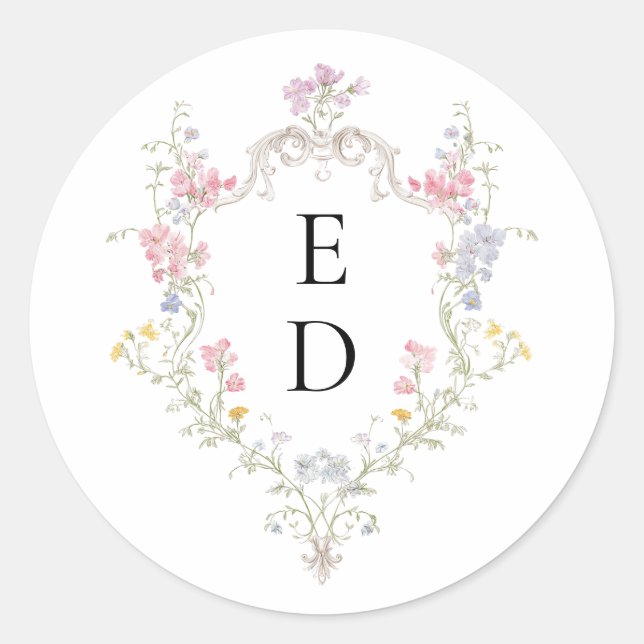 Adesivo Whimsical Elegant Rococo Floral Crest Monogram (Frente)