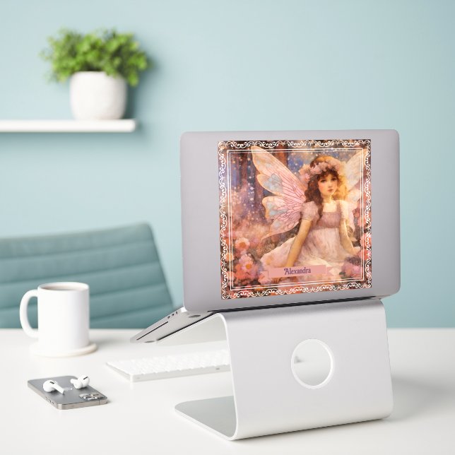Adesivo Whimsical Fairy in Dreamy Pink Floral Garden (Laptop na mesa)