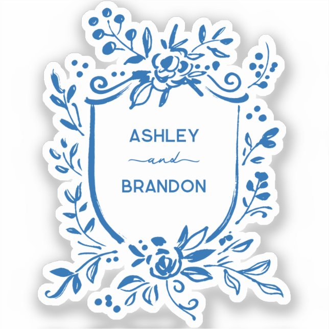 Adesivo Whimsical French Blue Botanical Crest Wedding (Frente)