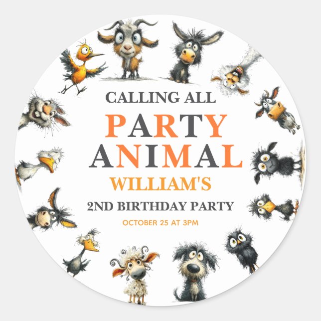 Adesivo Whimsical Funny Animals 2nd Birthday Party (Frente)