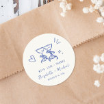Adesivo Whimsical Hand Drawn Blue Cream Wedding Thank You<br><div class="desc">Romantic light cream wedding stickers for your party favors and thank you cards featuring whimsical hand-drawn french blue illustrations of a heart,  stars and wine glasses,  and "with love   thanks" and your names in playful blue script and typography.</div>