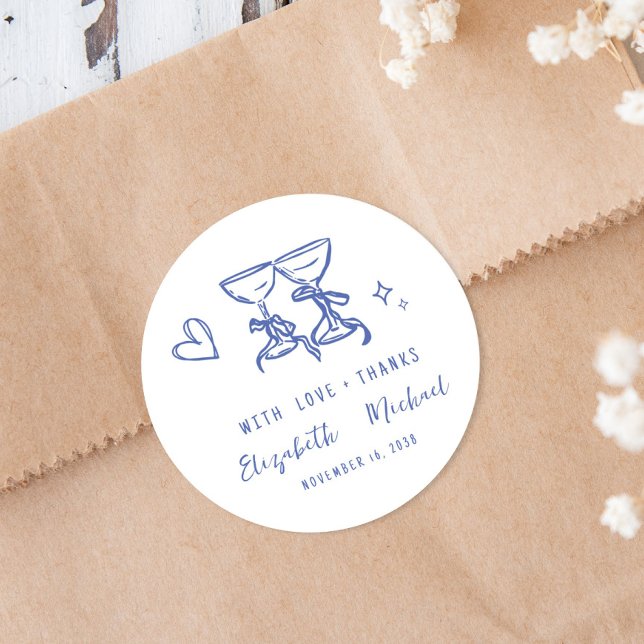 Adesivo Whimsical Hand Drawn Blue Wedding Thank You (Whimsical Hand Drawn Blue Wedding Thank You Classic Round Sticker)