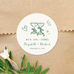 Adesivo Whimsical Hand Drawn Green Cream Wedding Thank You<br><div class="desc">Trendy light cream wedding stickers for your party favors and thank you cards featuring whimsical hand-drawn green illustrations of a heart,  stars and wine glasses,  and "with love   thanks" and the names of the bride and groom in fun and playful green script and lettering.</div>